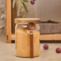 Fabrique de Styles Pots Et Bocaux*Bocal avec cuillière et couvercle en verre borosilicate et acacia 90cl - Delices