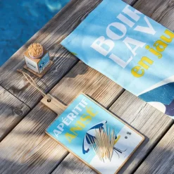 Fabrique de Styles Ustensibles De Cuisine*Boite pics apéro en pin et panneau de bois bleu et jaune - Pastis