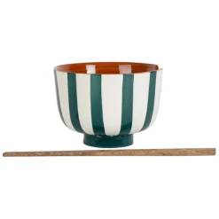 Fabrique de Styles Bols Et Coupelles*Bol en grès rayé émeraude et blanc avec baguettes d14cm - Alaria