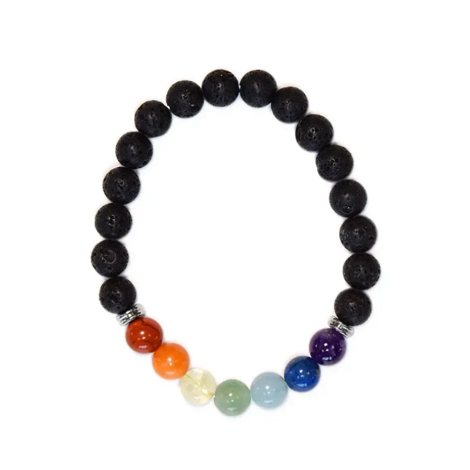Fabrique de Styles Bijoux Fantaisie*Bracelet 7 chakras pierre de lave perles rondes 8mm