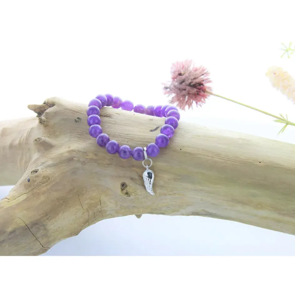 Fabrique de Styles Bijoux Fantaisie*Bracelet améthyste perles rondes 8mm et aile d'ange