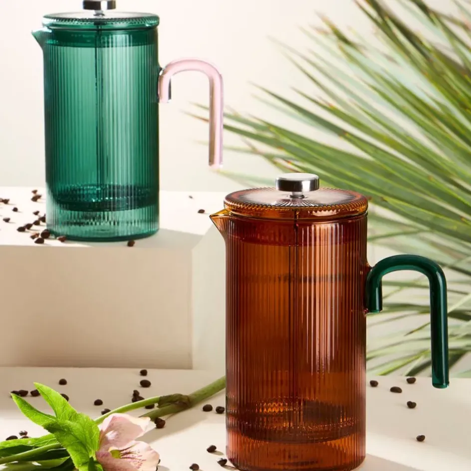 Fabrique de Styles Théières Et Cafetières*Cafetière à piston striée en verre borosilicate émeraude et rose 1L