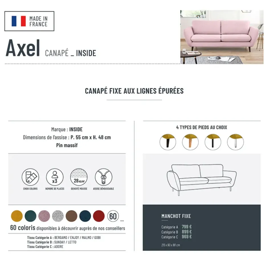 Fabrique de Styles Canapés Fixes*Canapé fixe 3 places Axel - Tissu - Enjoy Vert D'Eau