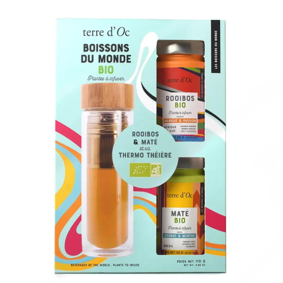 Fabrique de Styles Cafés, Thés Et Infusions*Coffret thé, maté et rooibos mangue passion avec gourde en verre