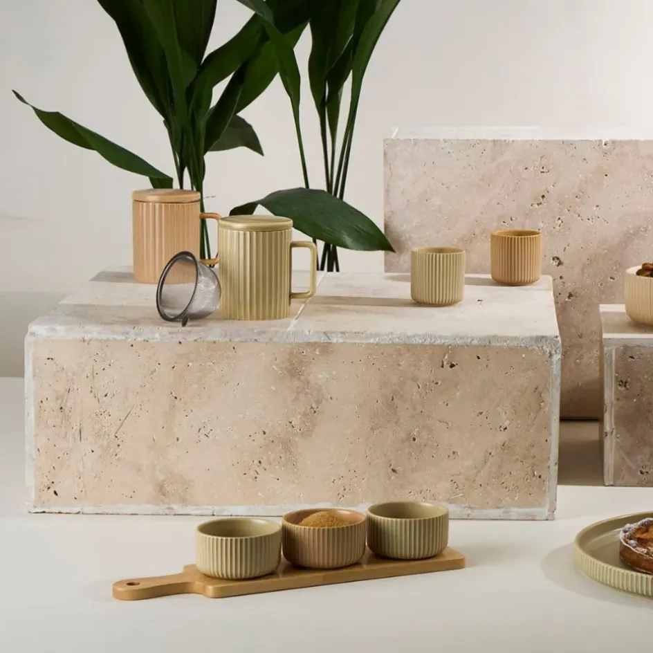 Fabrique de Styles Bols Et Coupelles*Coupelles x3 en grès nude et plateau en hévéa - Sweet Leaves