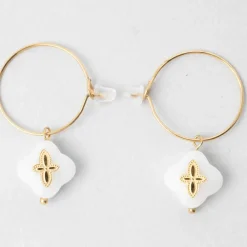 Fabrique de Styles Bijoux Fantaisie*Créoles x2 trefle doré+blanc h35mm acier inoxydable+jade