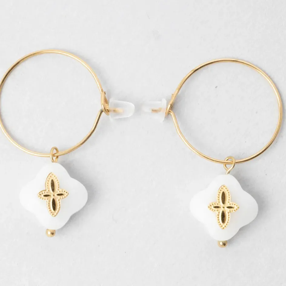 Fabrique de Styles Bijoux Fantaisie*Créoles x2 trefle doré+blanc h35mm acier inoxydable+jade