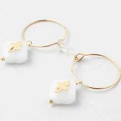 Fabrique de Styles Bijoux Fantaisie*Créoles x2 trefle doré+blanc h35mm acier inoxydable+jade