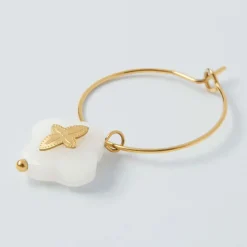 Fabrique de Styles Bijoux Fantaisie*Créoles x2 trefle doré+blanc h35mm acier inoxydable+jade