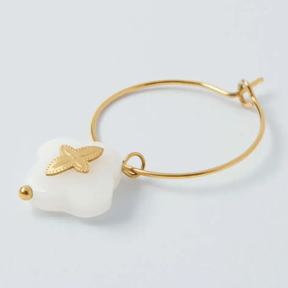 Fabrique de Styles Bijoux Fantaisie*Créoles x2 trefle doré+blanc h35mm acier inoxydable+jade