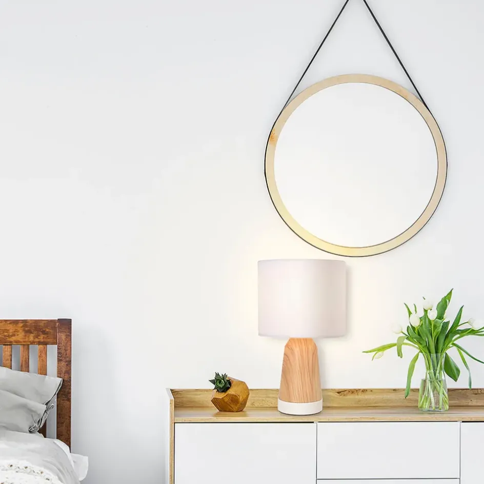 Fabrique de Styles Lampes À Poser*Lampe touch métal effet bois et coton blanc h33cm - Baltik