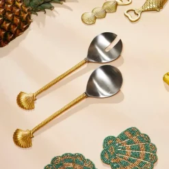 Fabrique de Styles Ustensibles De Cuisine*Lot de 2 couverts de salade en inox et laiton - Coquillage