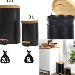 Fabrique de Styles Poubelles*Lot de 2 poubelles à pédale en métal et bambou 3L et 12L