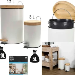 Fabrique de Styles Poubelles*Lot de 2 poubelles à pédale en métal et bambou 3L et 12L