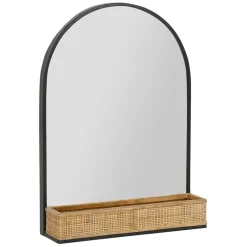 Fabrique de Styles Miroirs*Miroir en fer noir arrondie avec étagere bambou naturel 50.5x70cm - Garden