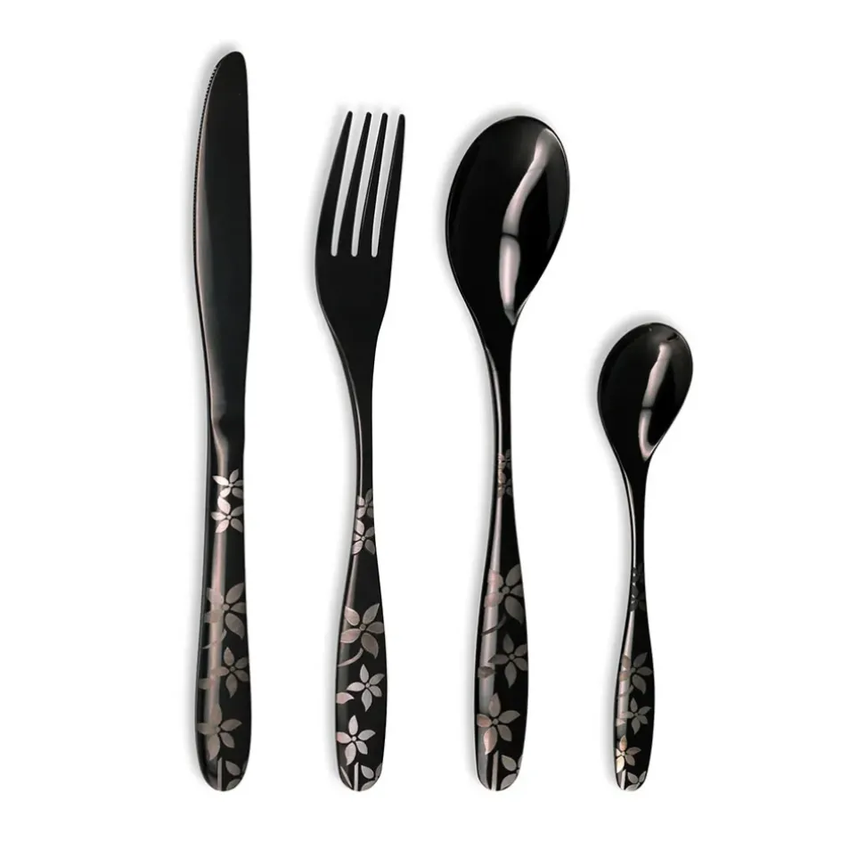 Fabrique de Styles Ménagères*Ménagère 16 pièces en inox noir motif printemps