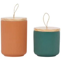 Fabrique de Styles Pots Et Bocaux*Pots x2 avec couvercle en bois et émeraude en grès - sweet leaves