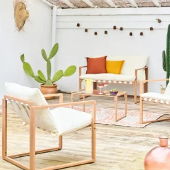 Enfant Fabrique de Styles Salons De Jardin|Jardin*Salon de jardin 4 places en fer avec coussins blanc - Cagliari