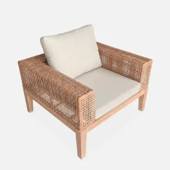 Enfant Fabrique de Styles Salons De Jardin|Jardin*Salon de jardin 4 places en cannage et acacia brossé et coussins beige - Olinda