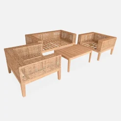 Enfant Fabrique de Styles Salons De Jardin|Jardin*Salon de jardin 4 places en cannage et acacia brossé et coussins beige - Olinda