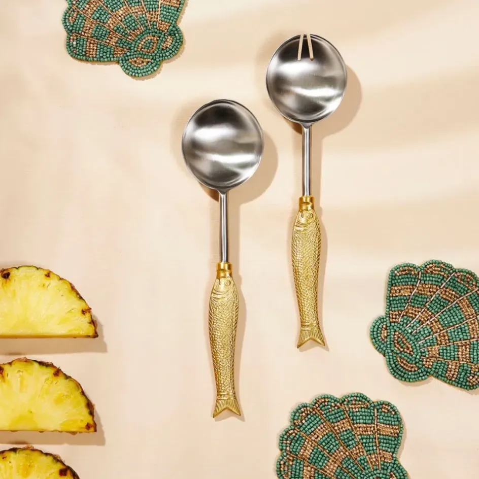 Fabrique de Styles Ustensibles De Cuisine*Set de 2 couverts de salade en inox et laiton - Poisson