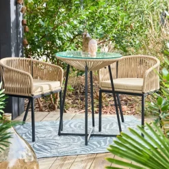 Enfant Fabrique de Styles Tables De Jardin|Jardin*Table bar extérieur rond en fer et verre beige et noir d61cm - Baleares