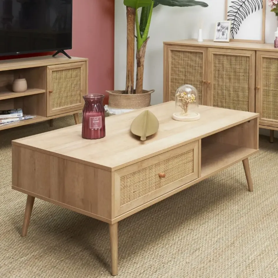 Fabrique de Styles Table Basses*Table basse avec tiroir en bois et cannage L110cm - Baia