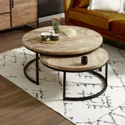 Fabrique de Styles Table Basses*Table basse gigogne ronde (lot de 2) en manguier et fer noir - Noe