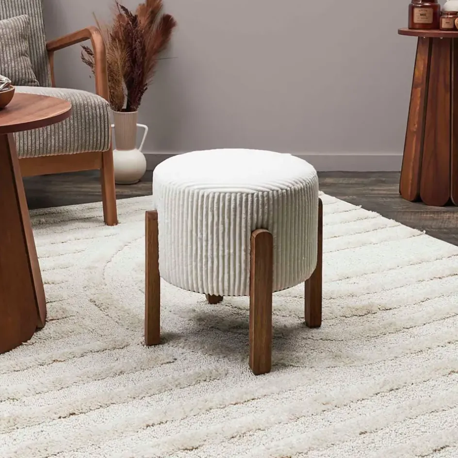 Fabrique de Styles Poufs Et Tabourets*Tabouret en tissu côtelé beige et bois d'acacia - Scarlett