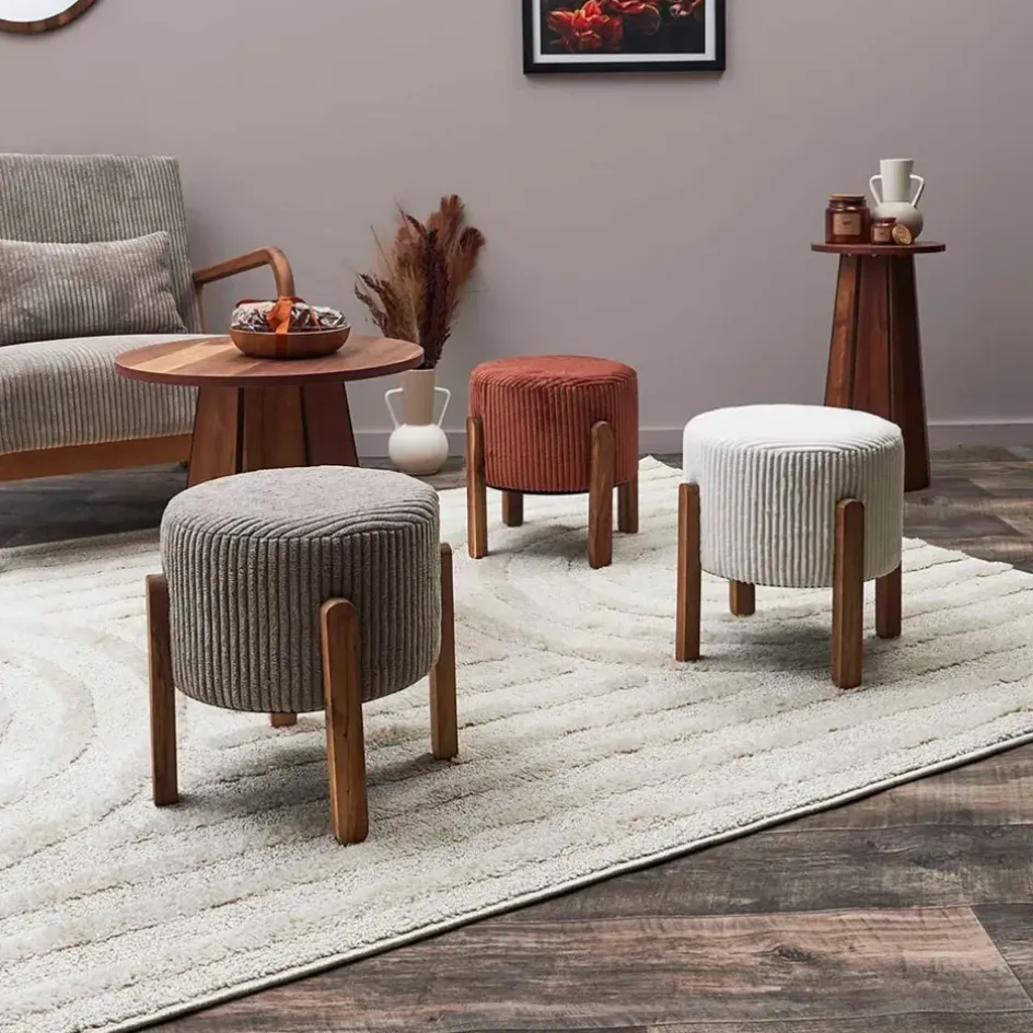 Fabrique de Styles Poufs Et Tabourets*Tabouret en tissu côtelé beige et bois d'acacia - Scarlett