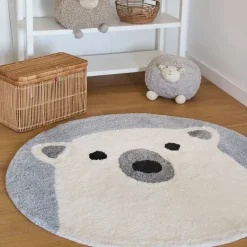 Enfant Fabrique de Styles Déco*Tapis rond ours tufté en coton banc et bleu d120cm - Banquise