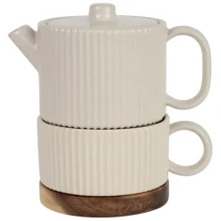 Fabrique de Styles Théières Et Cafetières*Théière solitaire avec tasse et filtre en grès écru 45cl - Sweet Leaves